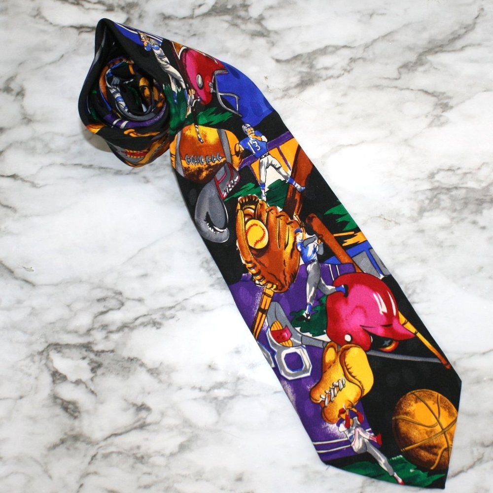 ADDICTION Necktie Sports Theme Colorful Multi Color Athletic Blue Silk Necktie
